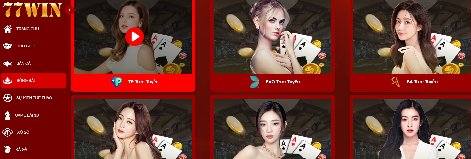 đa dạng các sảnh chơi và vô số tựa game tại 77win